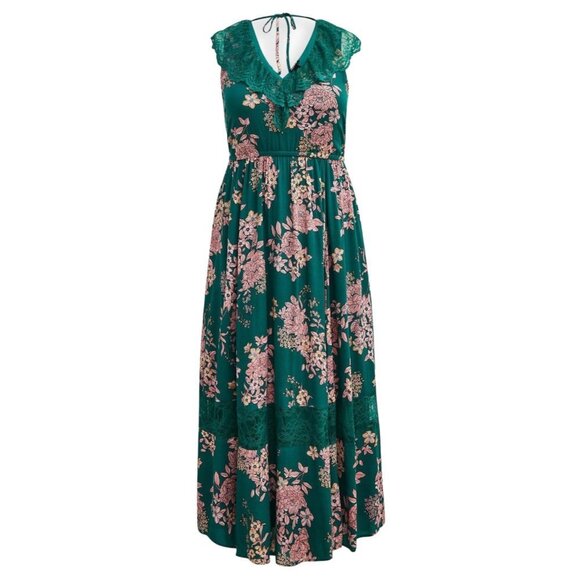 Torrid Gauze Floral Green Smocked Waist Lace Trim Sleeveless Maxi Dress Size 3 - Picture 9 of 10